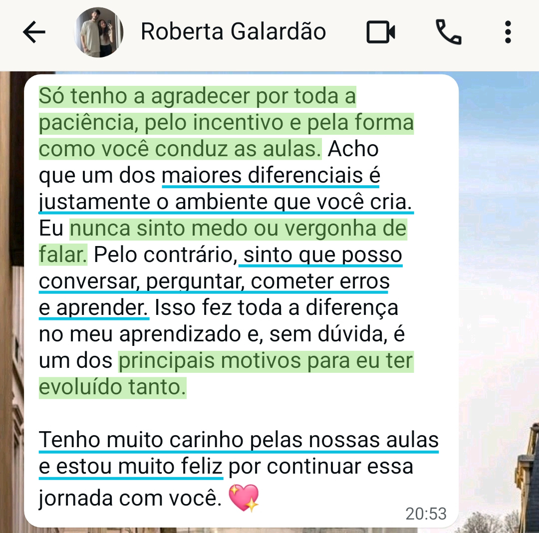 Print de conversa no WhatsApp com depoimento da aluna Roberta